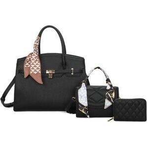 Scarf Top Handle Satchel Black 3-pc